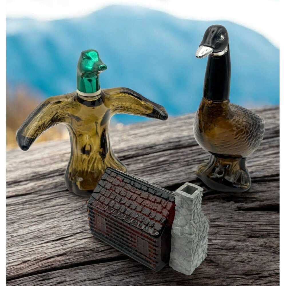 Vintage Avon Glass Bottles Mallard Duck Canadian Goose Log Cabin EMPTY Lot of 3